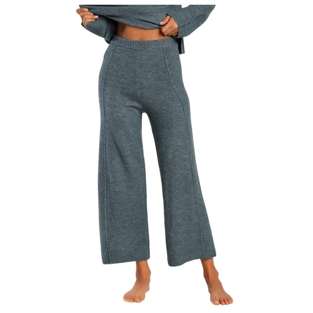 Lulus "Home With You" Denim Blue Knit Cropped Wide-Leg Sweater Pants XL